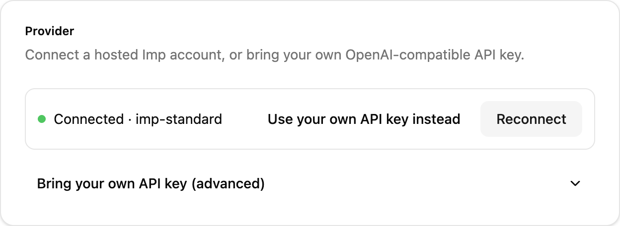 An extension's settings page showing the Imp account connected with one click